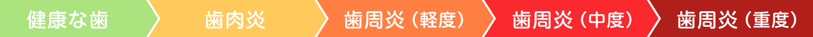 健康な歯 / 歯肉炎 / 歯周病(軽度) / 歯周病(中度) / 歯周病(重度)